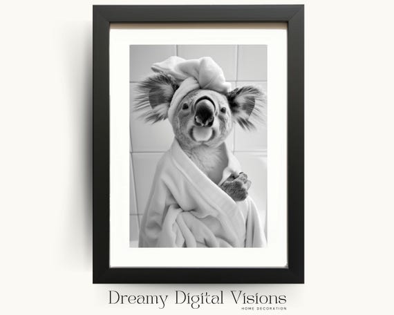 Cute Koala In Turban And Towel Bathroom Print Koala Print Gift For Animal Lover Funny Bathroom Wall Art Bathroom Home Decor Cute Animal