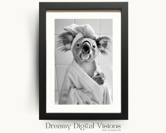 Koala In Towel Turban Poster Funny Bathroom Black And White Animal Photo Decor