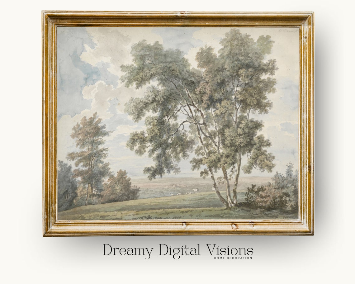 1700s Vintage Watercolour Landscape With Ink Antique Landscape Painting For Country Farmhouse Decor Reproduction Of Landscape