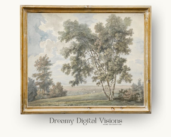 1700s Vintage Watercolour Landscape With Ink Antique Landscape Painting For Country Farmhouse Decor Reproduction Of Landscape