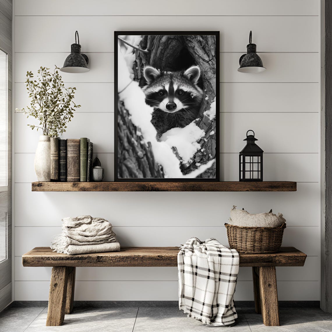 Raccoon Peeking From a Snowy Tree Hollow Black and White Poster - Image 2