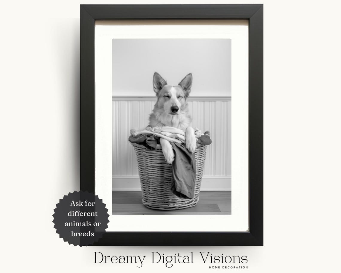 Funny Dog Sitting in a Laundry Basket Black and White Poster