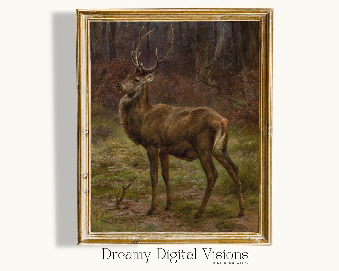 Majestic Stag in Forest Vintage Wildlife Oil Painting Style Poster