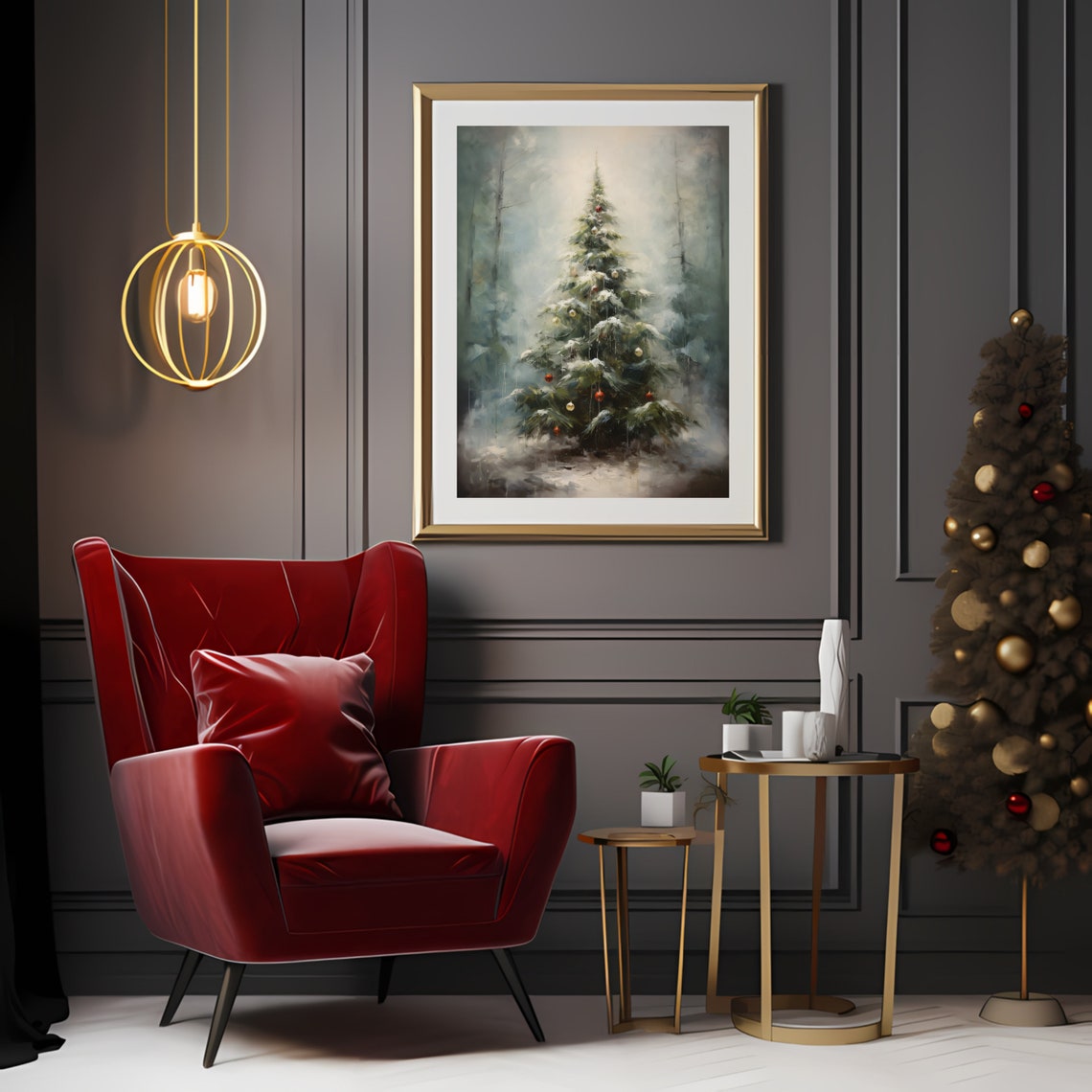 Snowy Christmas Tree in a Misty Forest Winter Painting Poster - Image 3