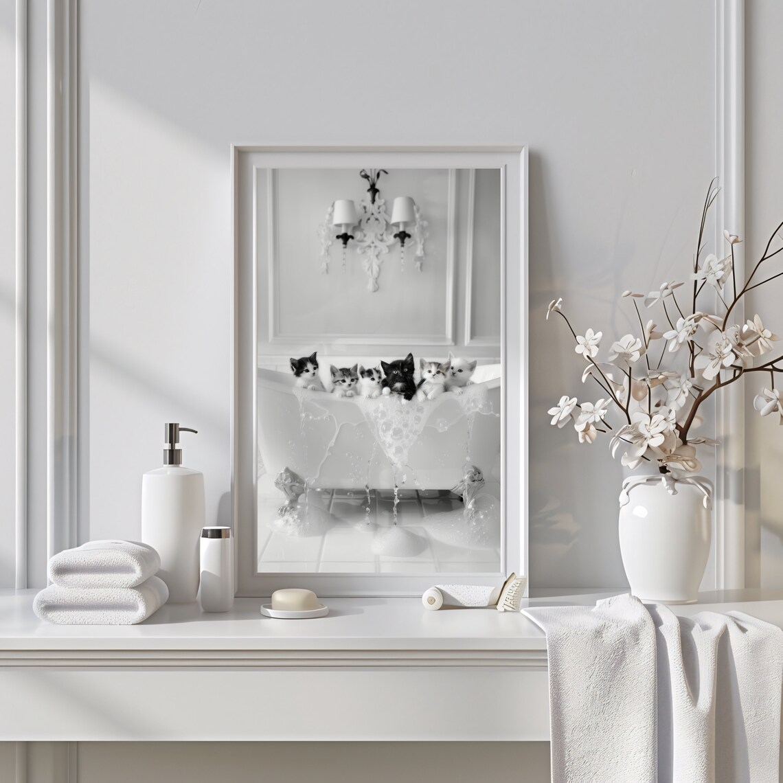 Five Kittens in Overflowing Bathtub Black and White Funny Bathroom Poster - Image 2