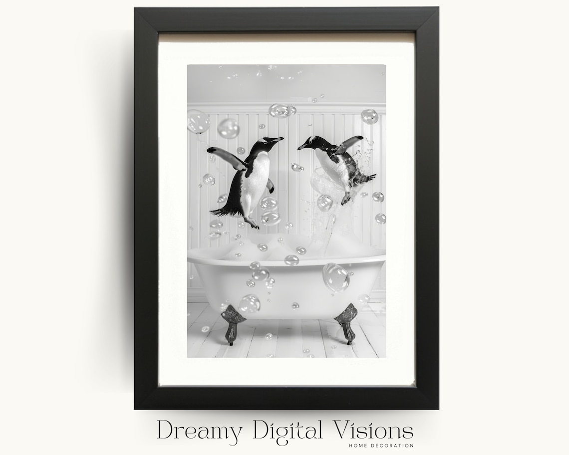 2 Penguins In A Bathtub Bathroom Art Print