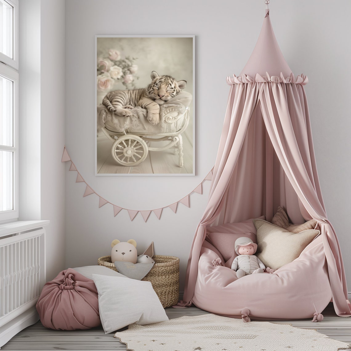 Baby Tiger Cub Sleeping on White Stroller Soft Rose Nursery Poster - Image 3