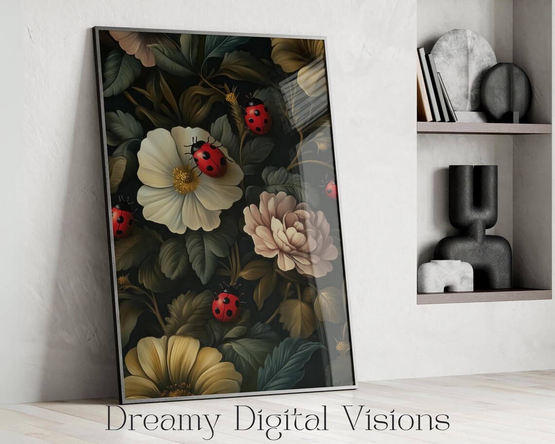 Victorian William Morris Floral Ladybird Art Print