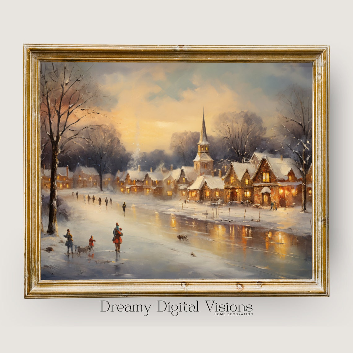 Snowy Village Sunset Church Steeple Frozen Pond Winter Poster
