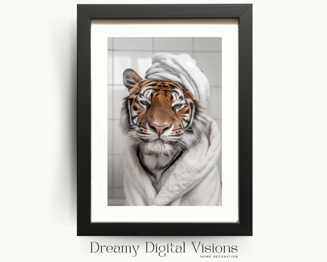 Tiger in Towel Turban and Bathrobe Funny Spa Bathroom Wall Art