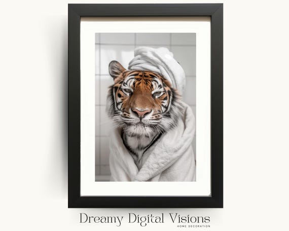 Tiger In A Turban Tiger Print Funny Bathroom Wall Art Cute Animal Bathroom Print Roommate Gift Bathroom Photo Bathroom Decor