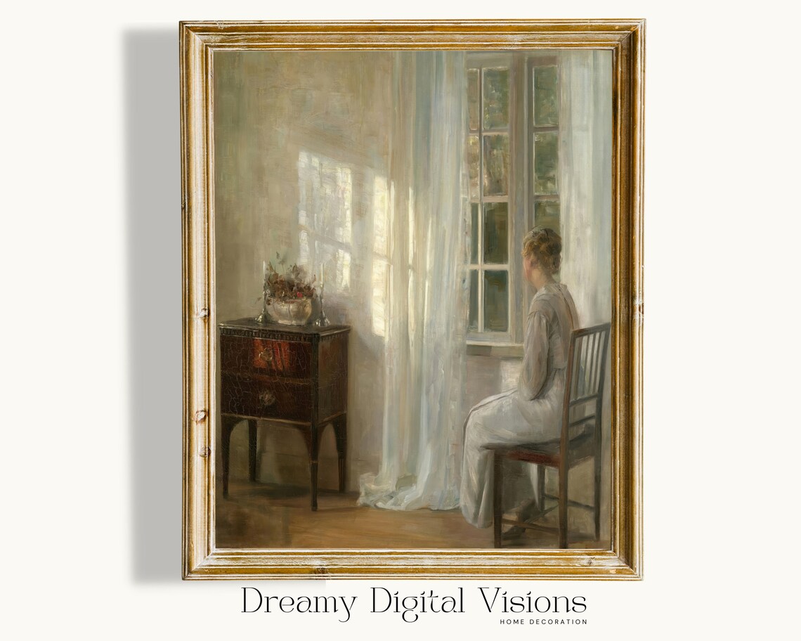Vintage Woman By Window Sunlit Interior Antique Oil Painting Poster