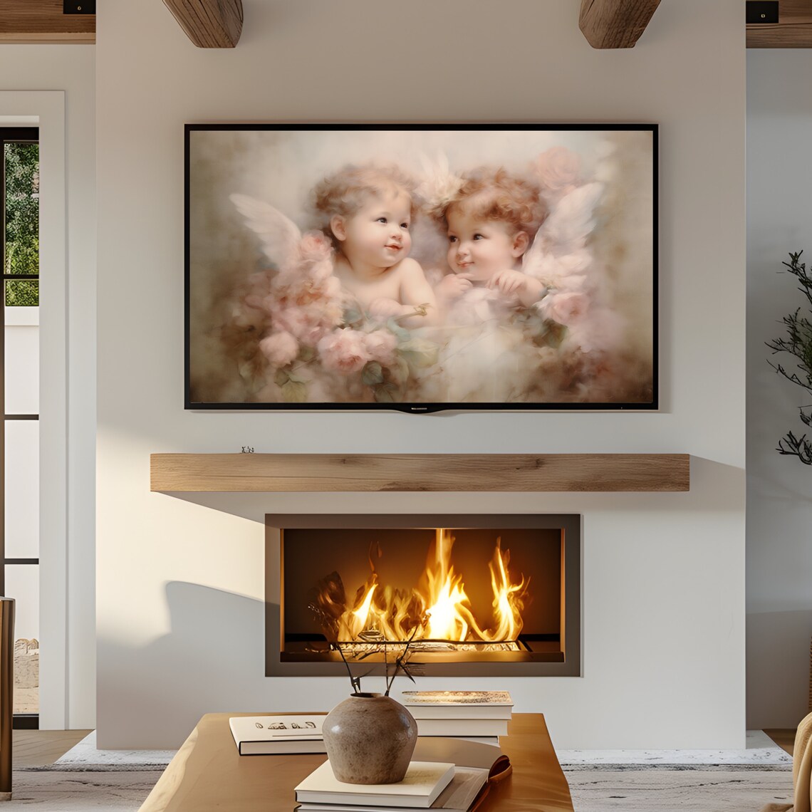 Two Sweet Cherub Angels Among Pink Roses Soft Pastel Valentine Print - Image 2