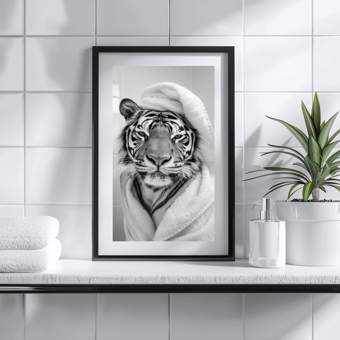 Tiger In Towel Turban Poster Funny Bathroom Black And White Animal Photo Decor - Image 3