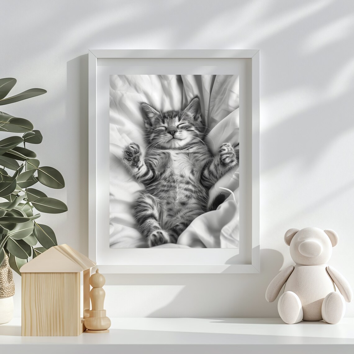Sleeping Kitten Nursery Poster Black And White Tabby Cat Wall Room Decor - Image 2