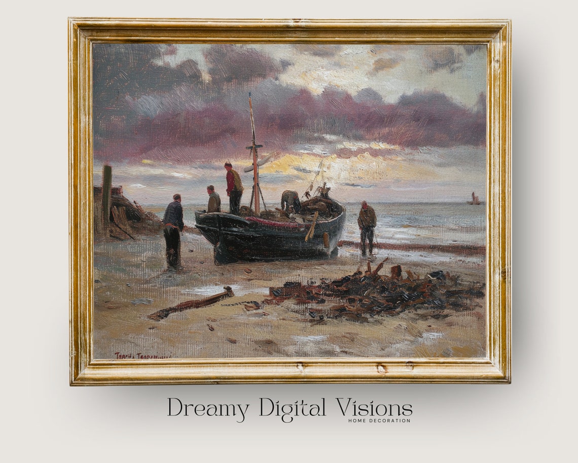 Vintage Seascape Coastal Print Fishing Boat Rustic Farmhouse Decor Coastal Farmhouse Print Beach Print Oil Painting