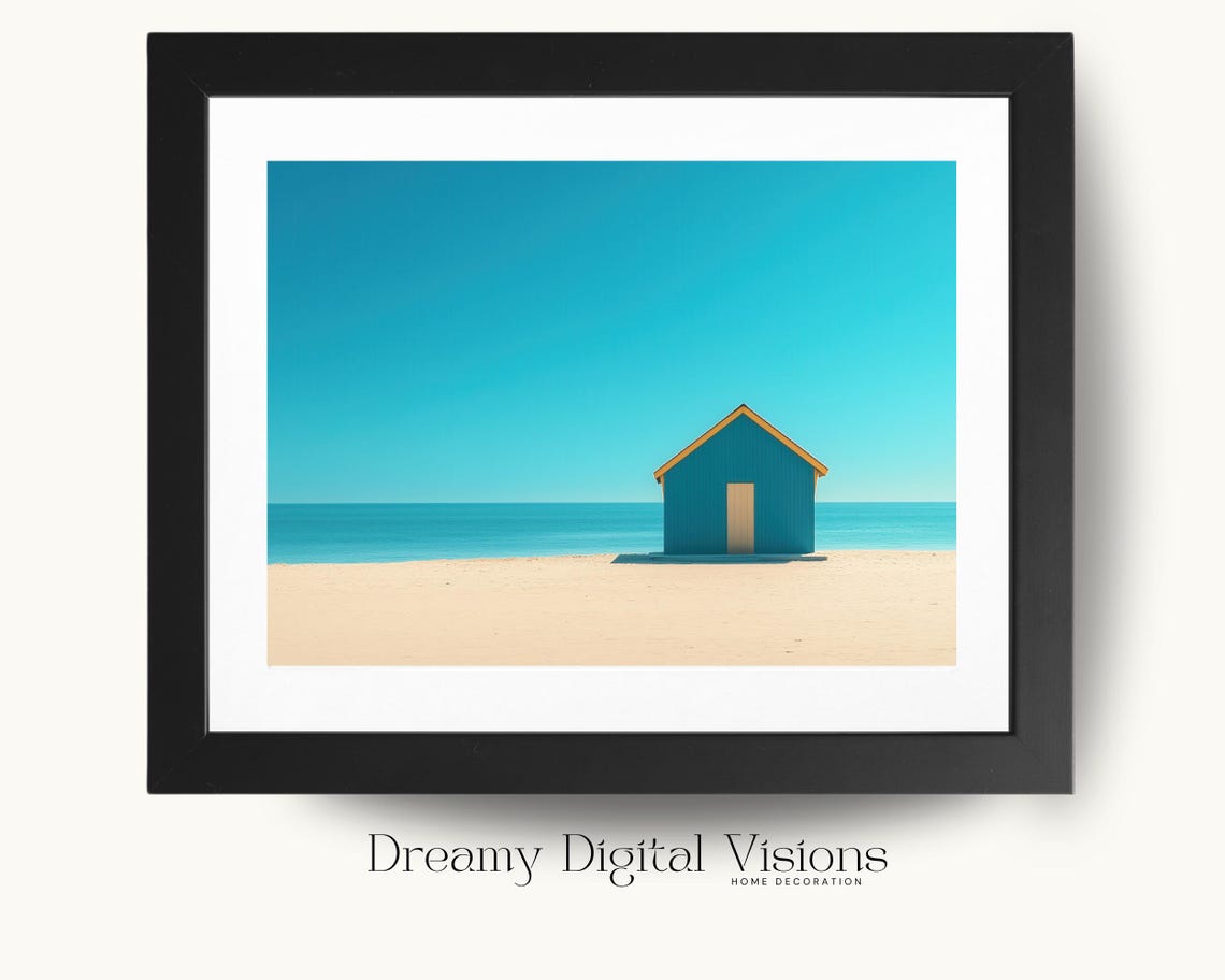 Minimalist Teal Beach Hut on Sandy Shore Under Blue Sky Poster