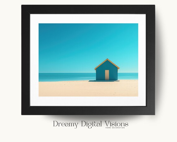 Minimalist Teal Beach Hut on Sandy Shore Under Blue Sky Poster
