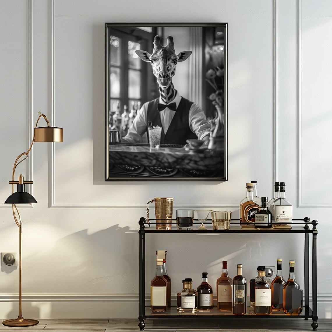 Giraffe Bartender Bar Poster Funny Black And White Animal Photo Home Wall Decor - Image 3
