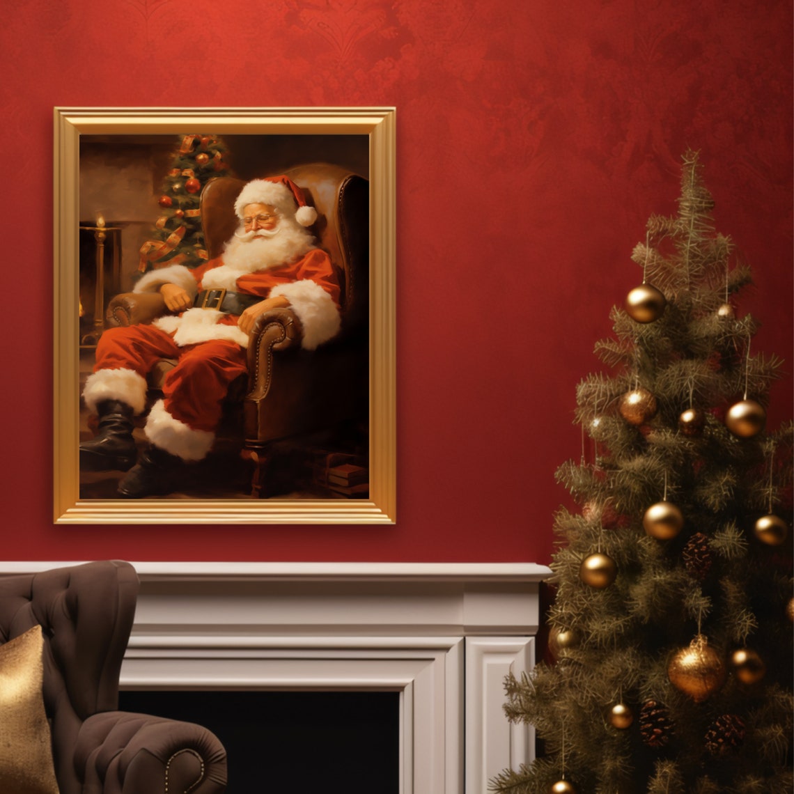 Classic Sleeping Santa Claus Armchair Fireside Holiday Poster - Image 3