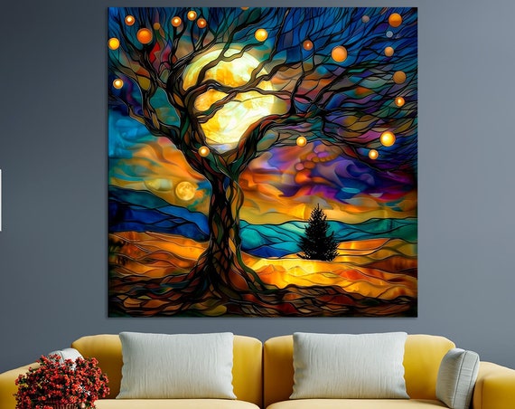 Magical Tree Art Moonlit Fantasy Landscape Magic Tree Wall Art Print Enchanted Tree Artwork Mystical Nature Art Large Living Room Art