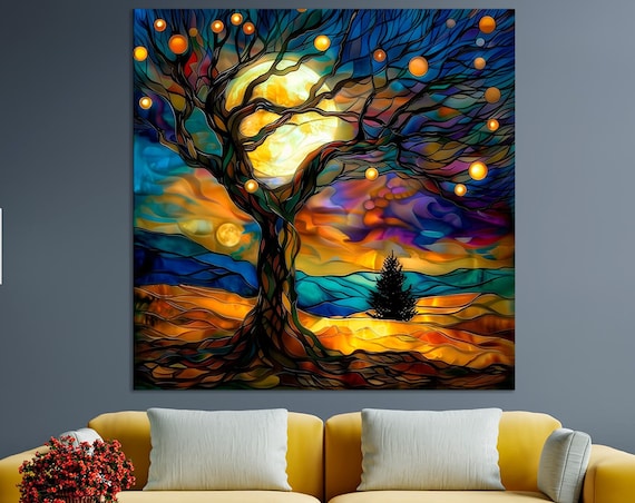 Moonlit Stained Glass Tree Magical Night Fantasy Landscape Wall Art Poster