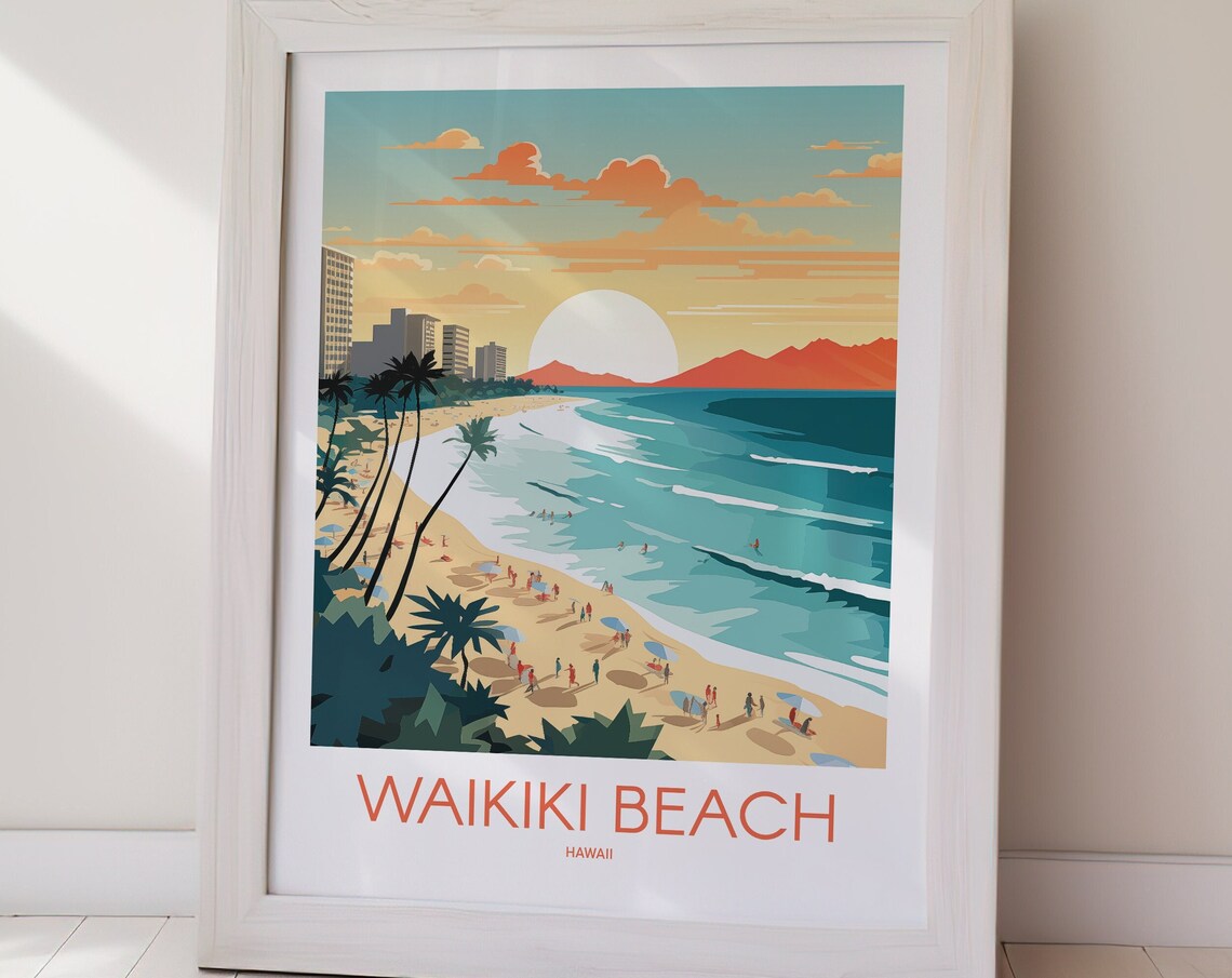 Waikiki Beach Hawaii Sunset Surf Palms Skyline Travel Poster - Image 2
