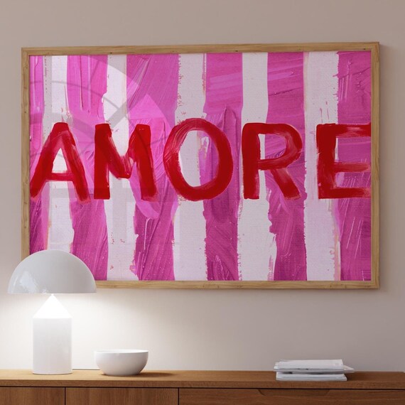 Amore Red Typography On Pink Stripes Modern Love Wall Poster