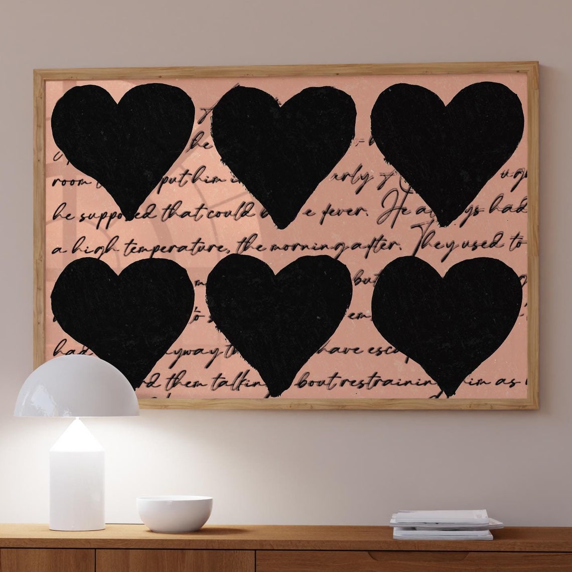 Six Black Hearts Pink Script Love Romantic Trendy Wall Decor Poster