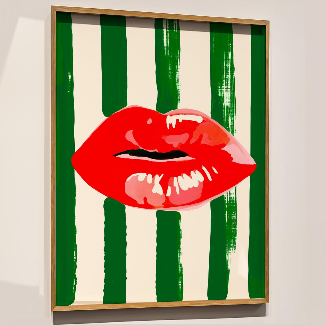 Pop Art Red Lips Green Striped Background Maximalist Wall Art