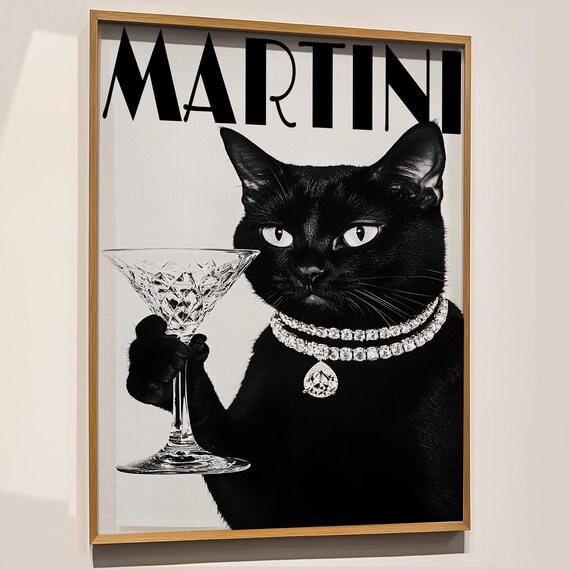 Martini Black Cat With Diamond Necklace Glamorous Cocktail Bar Poster