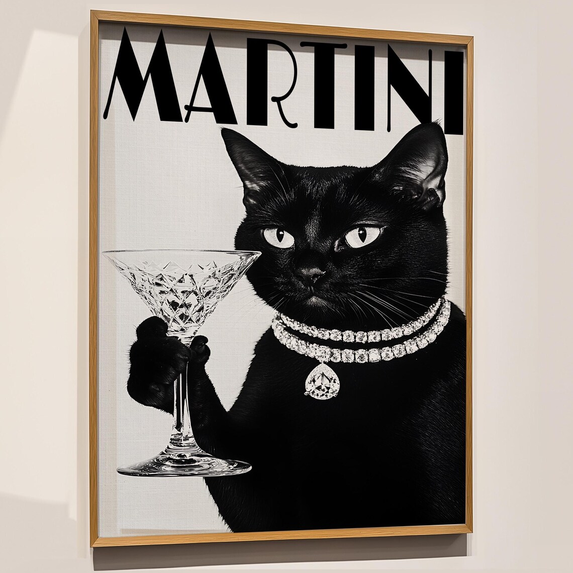 Martini Black Cat With Diamond Necklace Glamorous Cocktail Bar Poster