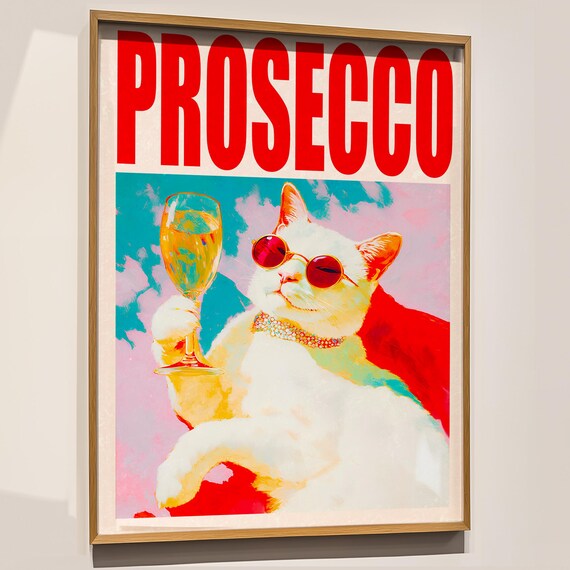 Prosecco Cat in Sunglasses Funny Retro Glamorous Cocktail Poster