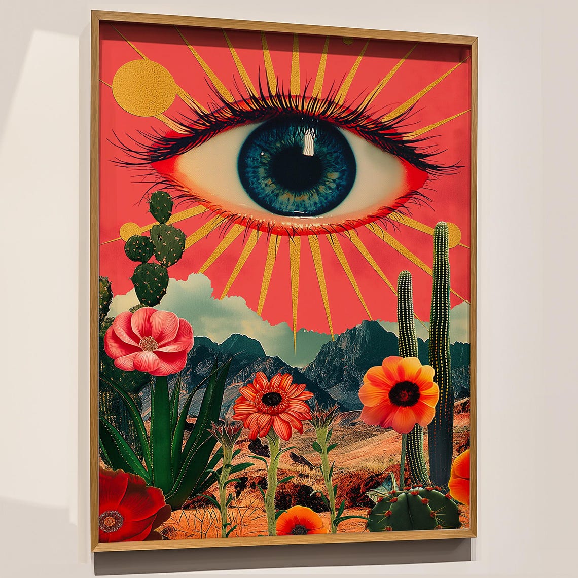 Giant Eye Desert Cactus Wildflowers Surreal Psychedelic Wall Poster