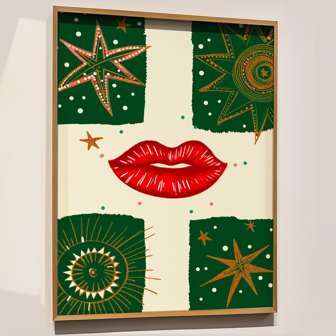 Red Lips And Gold Stars Celestial Retro Pop Holiday Art Poster