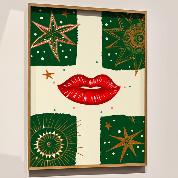Red Lips And Gold Stars Celestial Retro Pop Holiday Art Poster