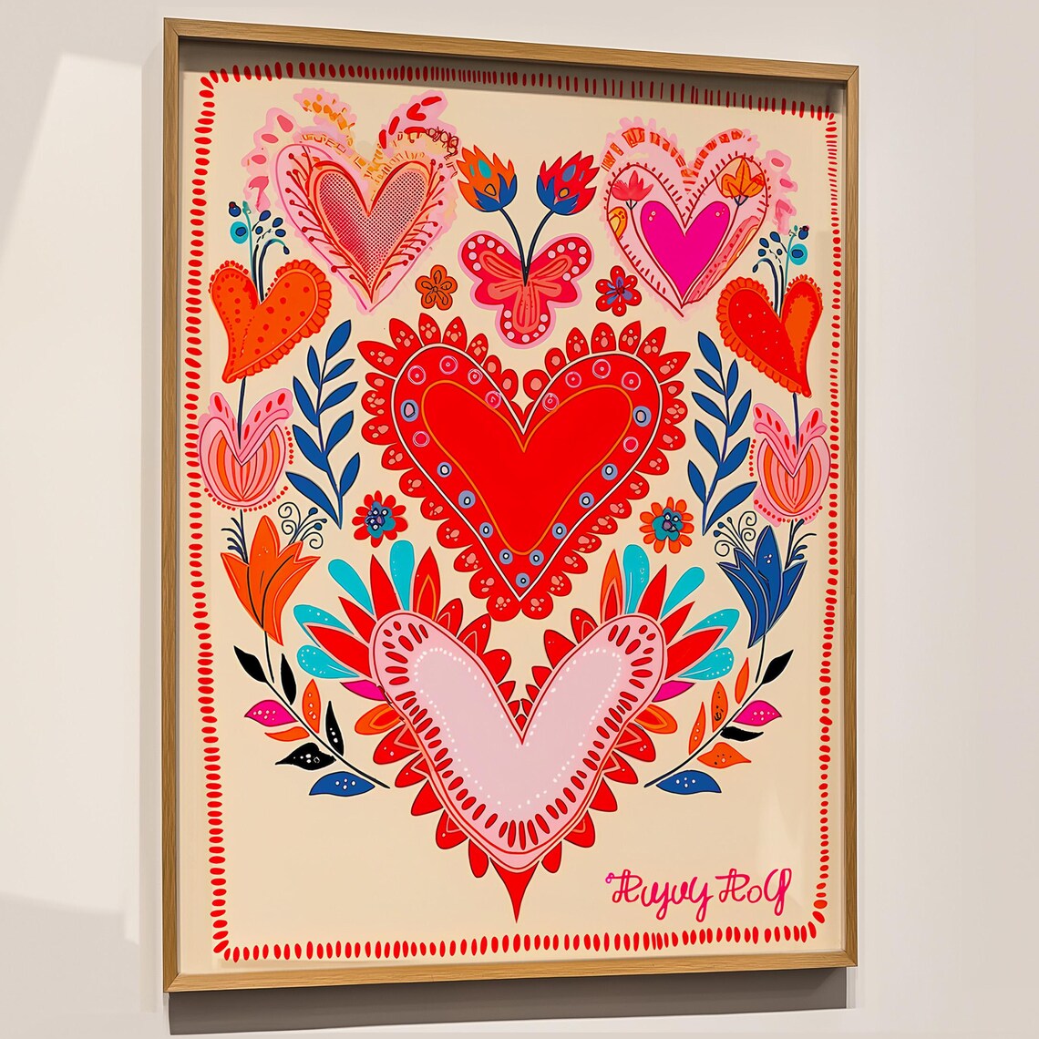 Colorful Folk Art Heart Bouquet Boho Floral Valentine Wall Art