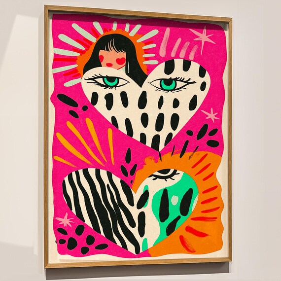 Surreal Heart Girl Maximalist Pop Art Print Pink Expressionist
