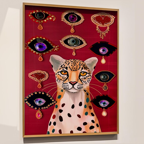 Cheetah Jewel Eye Art Print Maximalist Red Boho Decor
