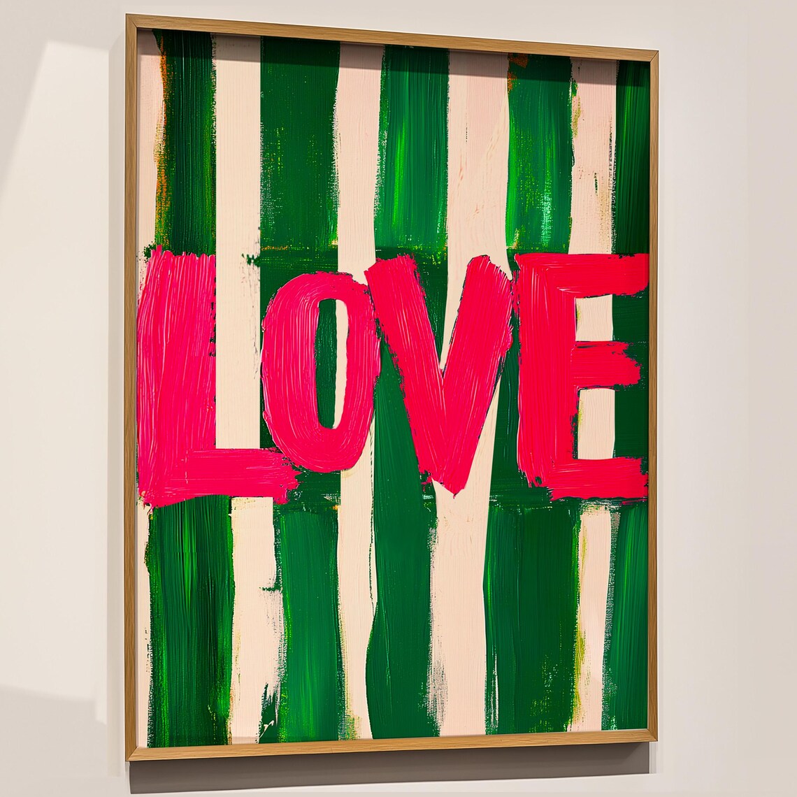 Hot Pink Love Typography Over Green Stripes Modern Bold Wall Art