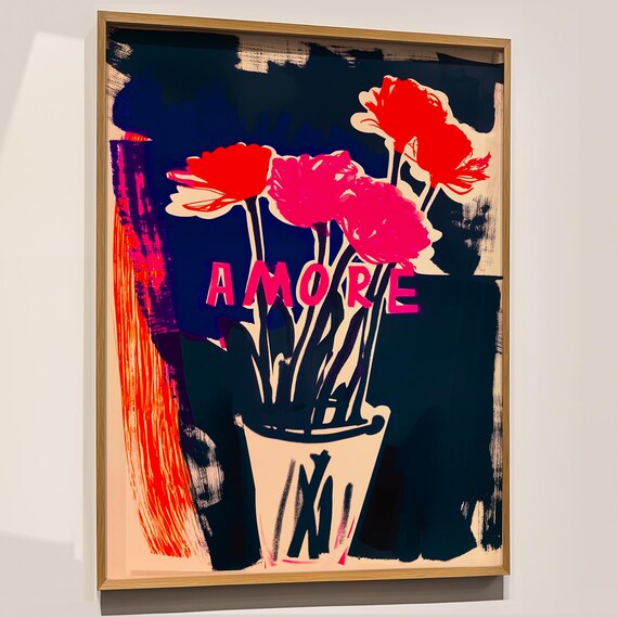 Amore Floral Art Print Bold Italian Typography Maximalist Decor