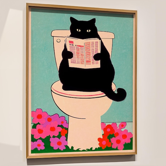 Black Cat Reading Newspaper On Toilet Hilarious Bathroom Art Poster