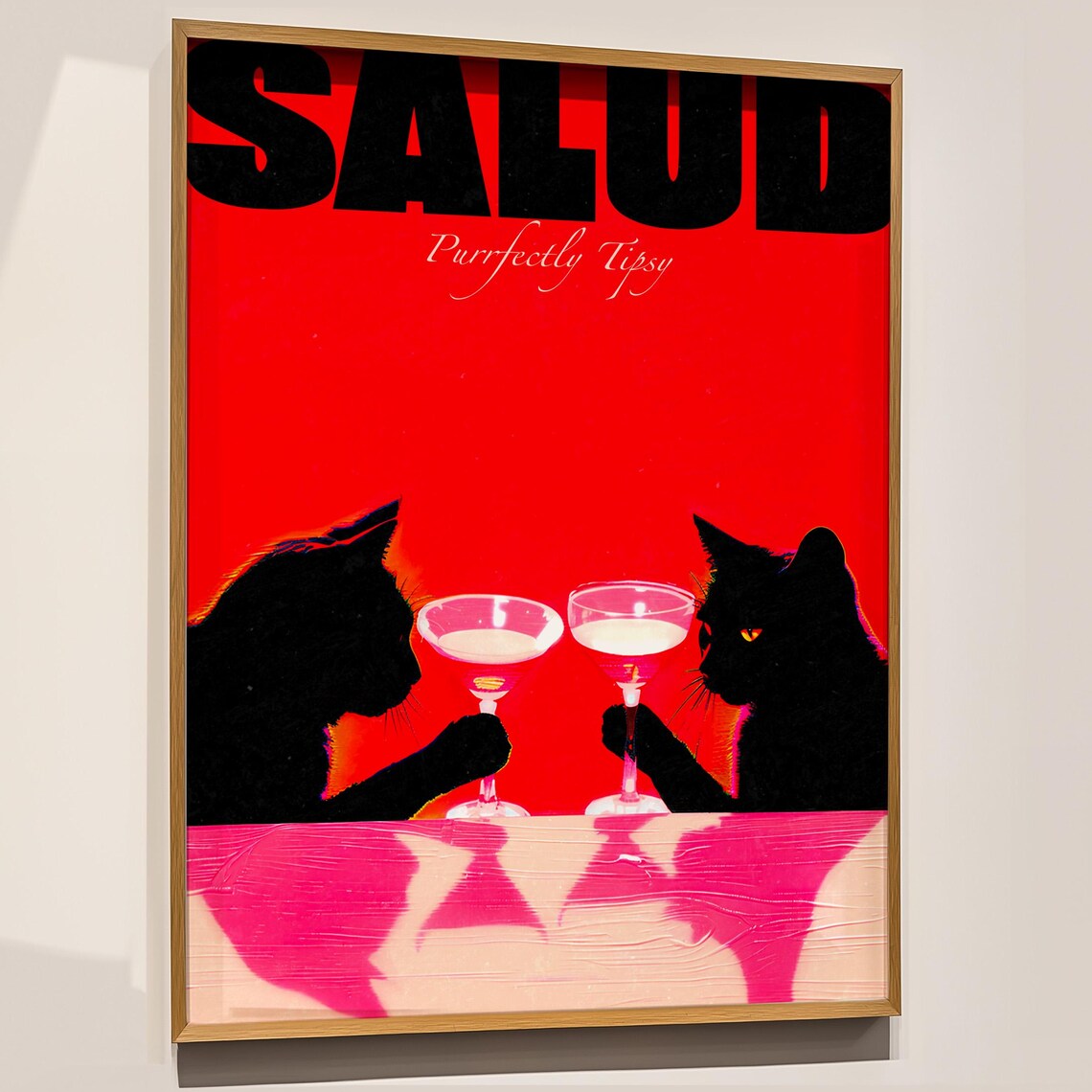 Salud Purrfectly Tipsy Black Cats Cocktail Toast Red Pop Art Poster