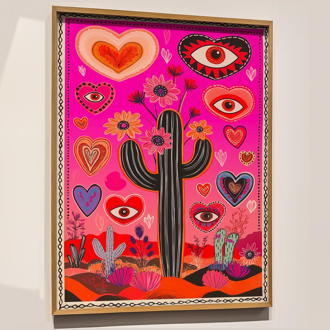 Pink Desert Cactus Hearts Eyes Maximalist Folk Art Wall Poster