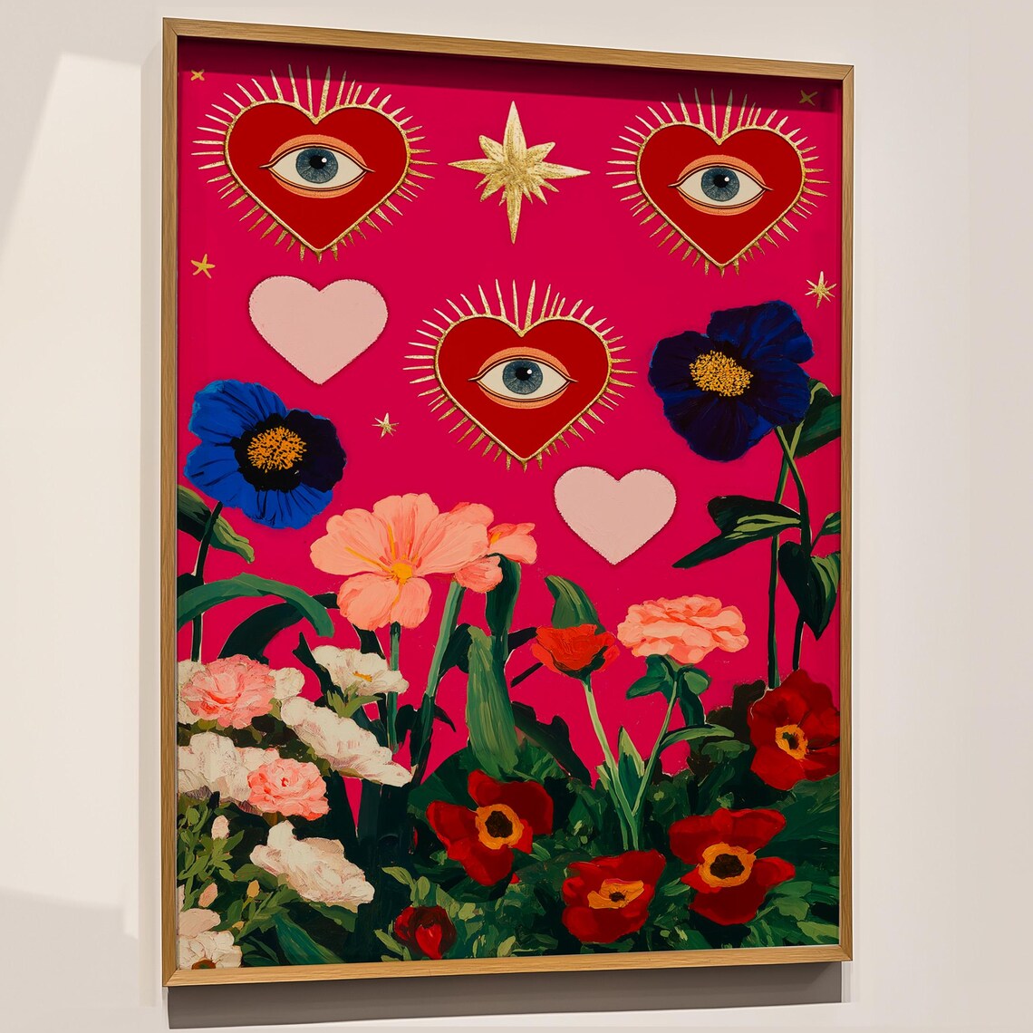 Hot Pink Sacred Heart Eye Poppy Flowers Maximalist Collage Art Poster