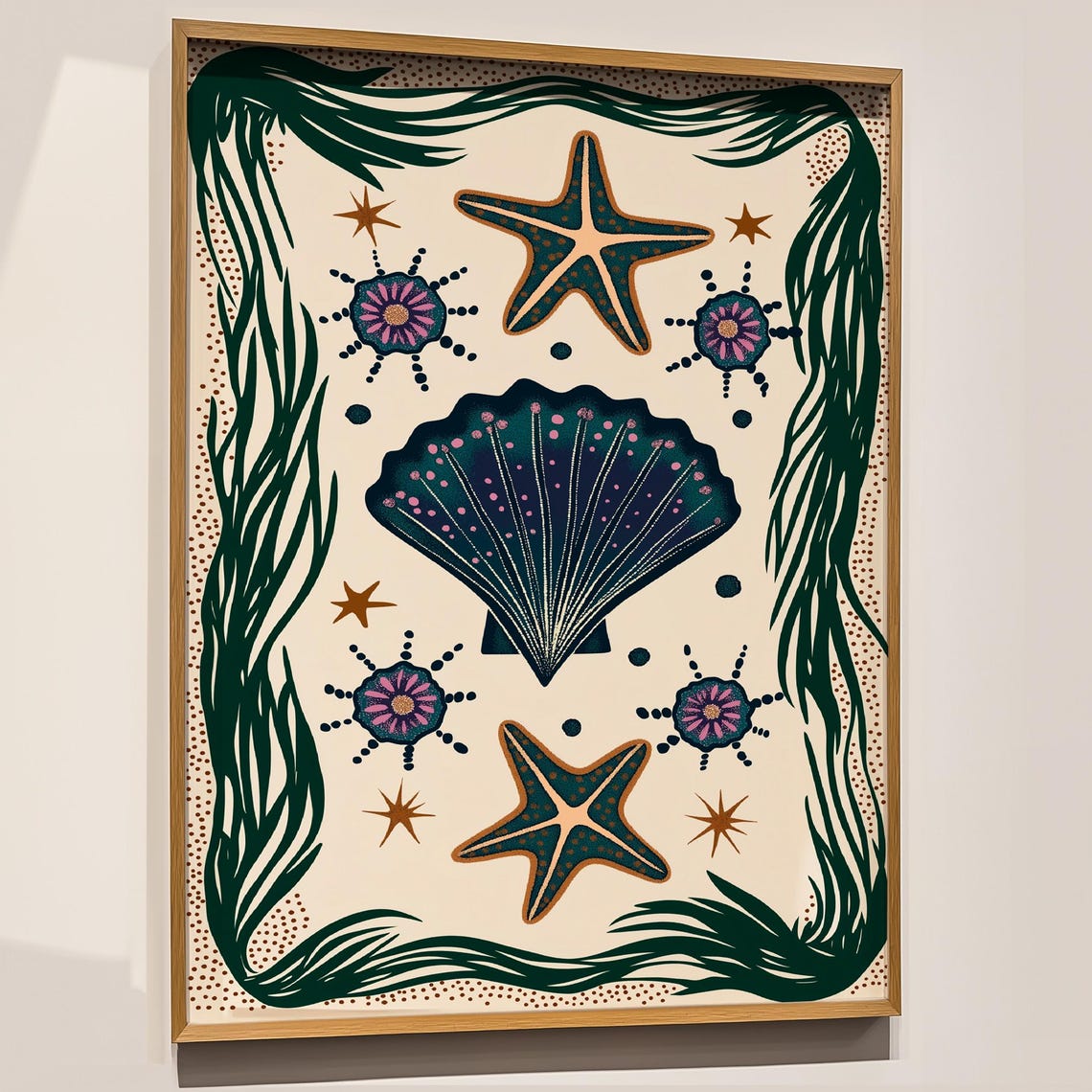 Maximalist Ocean Shell Starfish Boho Navy Coastal Decor Art Poster