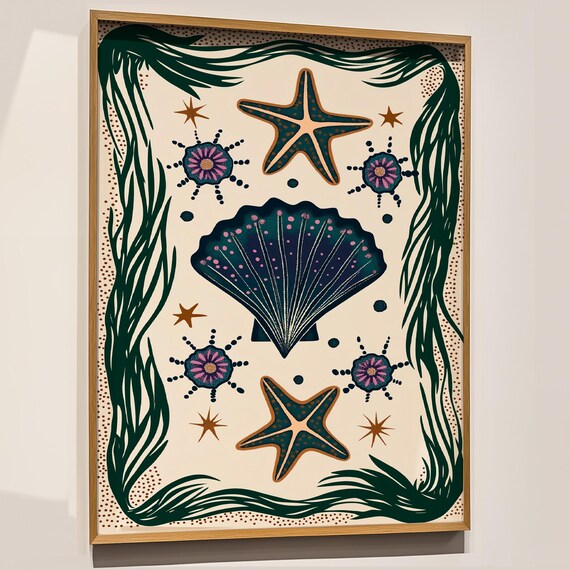 Maximalist Ocean Shell Starfish Boho Navy Coastal Decor Art Poster