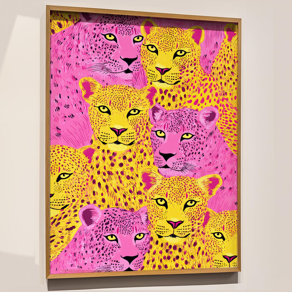 Neon Pink and Yellow Leopard Faces Maximalist Bold Pop Art Print