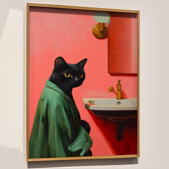 Black Cat in Green Robe Art Print Coral Bathroom Funny Portrait