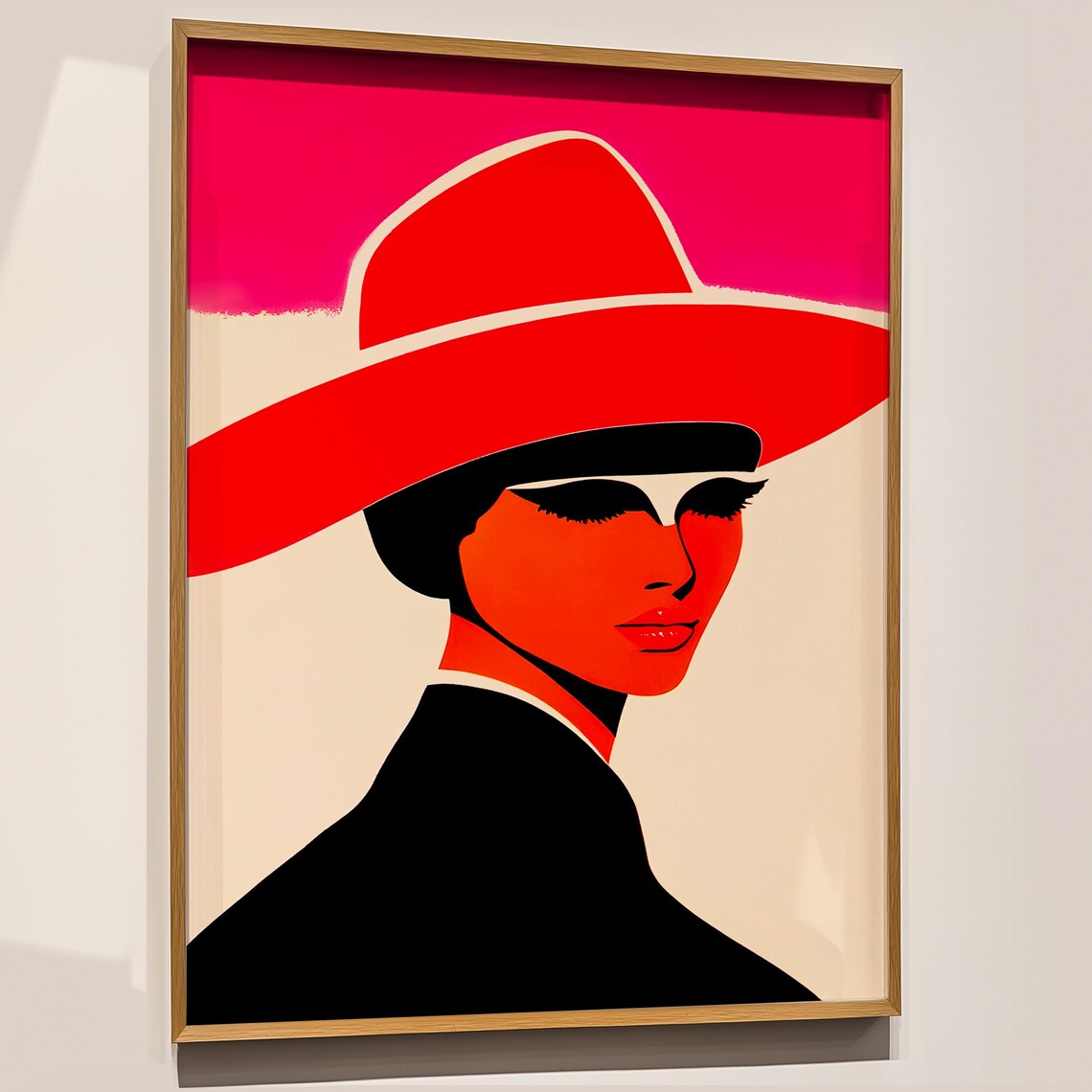 Red Hat Fashion Print Modern Woman Portrait Pink Decor